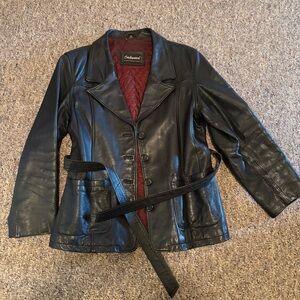 VINTAGE‎ 1990’s button down Black Leather Jacket with Belt